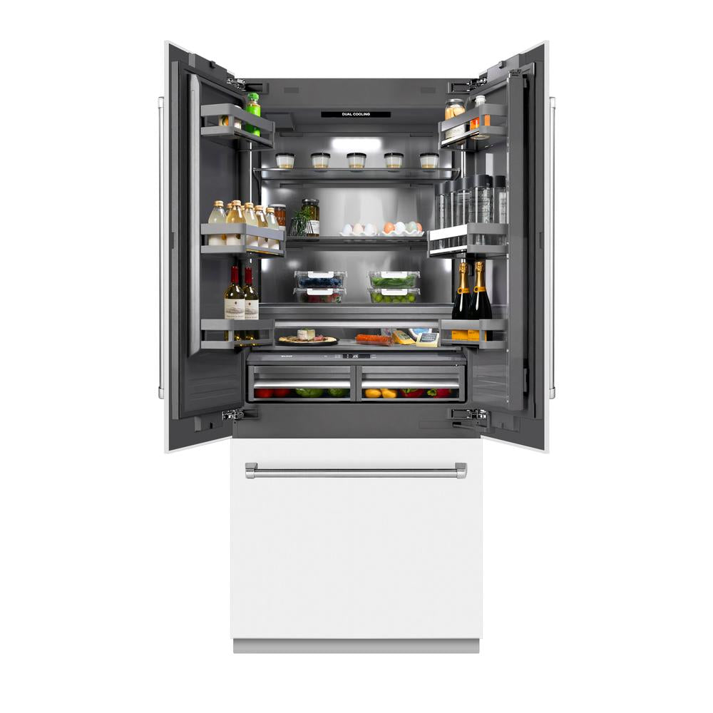 36 In. 19.6 Cu. Ft. French Door Built-in Bottom Freezer Refrigerator With Water Dispenser And Ice Maker In White Matte With Graphite Gray Interior GRBIVWM36