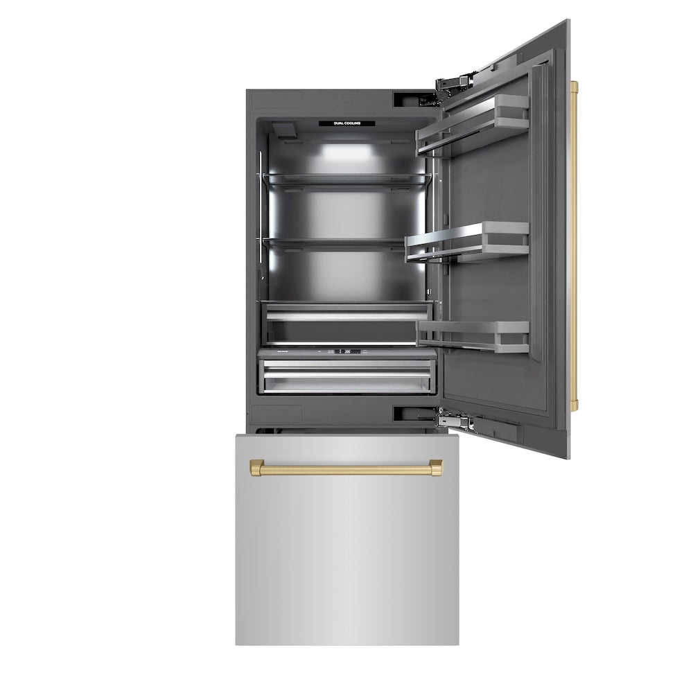Autograph Edition 30 In. 16.1 Cu. Ft. Built-in Bottom Freezer Refrigerator With Water Dispenser And Ice Maker In Stainless Steel With Graphite Gray Interior And Champagne Bronze Accents GRBIV