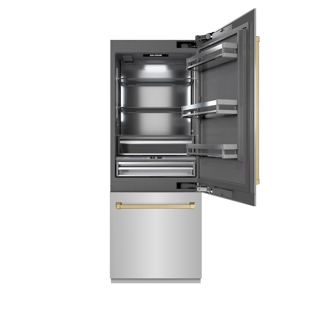 Autograph Edition 30 In. 16.1 Cu. Ft. Built-in Bottom Freezer Refrigerator With Water Dispenser And Ice Maker In Stainless Steel With Graphite Gray Interior And Champagne Bronze Accents GRBIVZ30430CB