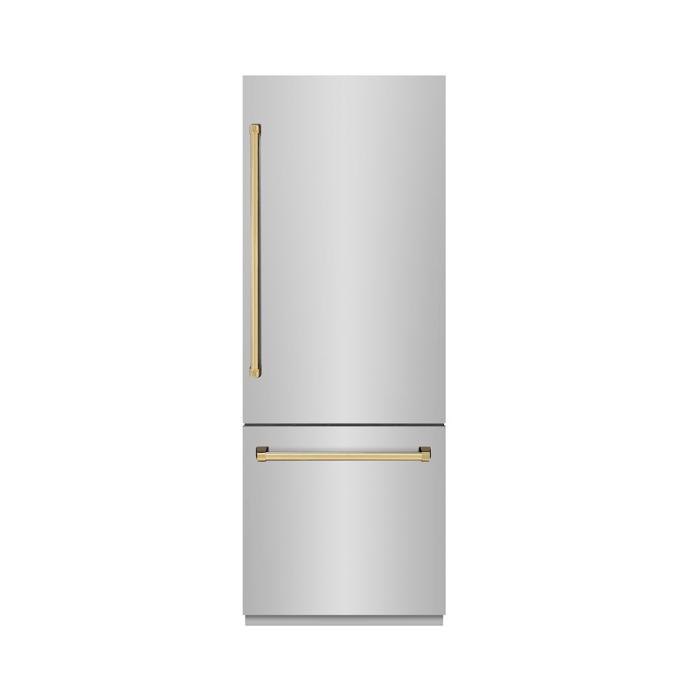 Autograph Edition 30 In. 16.1 Cu. Ft. Built-in Bottom Freezer Refrigerator With Water Dispenser And Ice Maker In Stainless Steel With Graphite Gray Interior And Polished Gold Accents GRBIVZ30430G