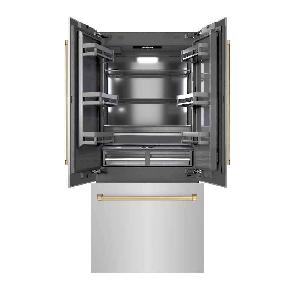 Autograph Edition 36 In. 19.6 Cu. Ft. French Door Built-in Bottom Freezer Refrigerator With Water Dispenser And Ice Maker In Stainless Steel With Graphite Gray Interior And Champagne Bronze A