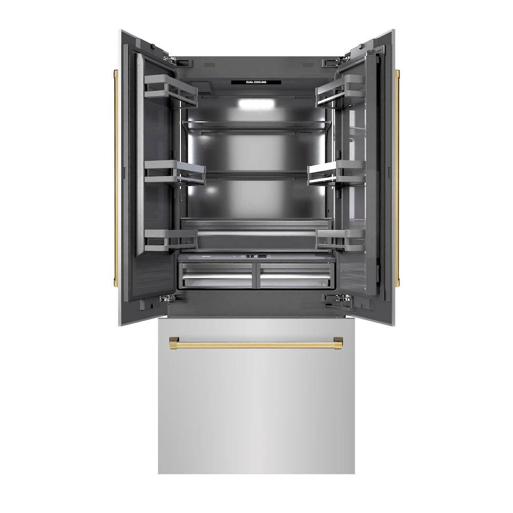 Autograph Edition 36 In. 19.6 Cu. Ft. French Door Built-in Bottom Freezer Refrigerator With Water Dispenser And Ice Maker In Stainless Steel With Graphite Gray Interior And Polished Gold Acce GRBIVZ30436G