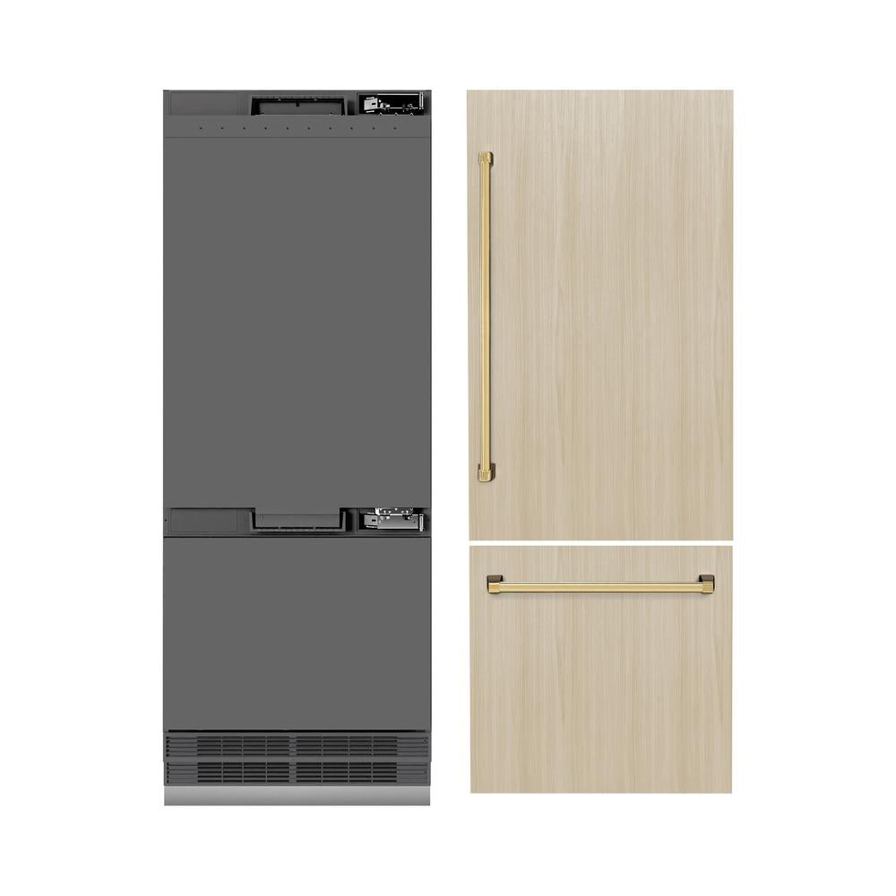 Autograph Edition 30 In. 16.1 Cu. Ft. Panel Ready Built-in Bottom Freezer Refrigerator With Water Dispenser And Ice Maker With Graphite Gray Interior And Polished Gold Accents GRBIVZ30G