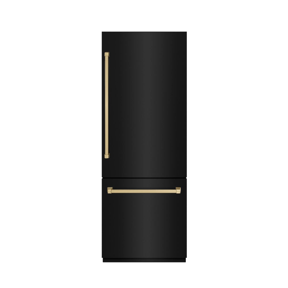Autograph Edition 30 In. 16.1 Cu. Ft. Built-in Bottom Freezer Refrigerator With Water Dispenser And Ice Maker In Black Stainless Steel With Graphite Gray Interior And Champagne Bronze Accents GRBIVZBS30CB