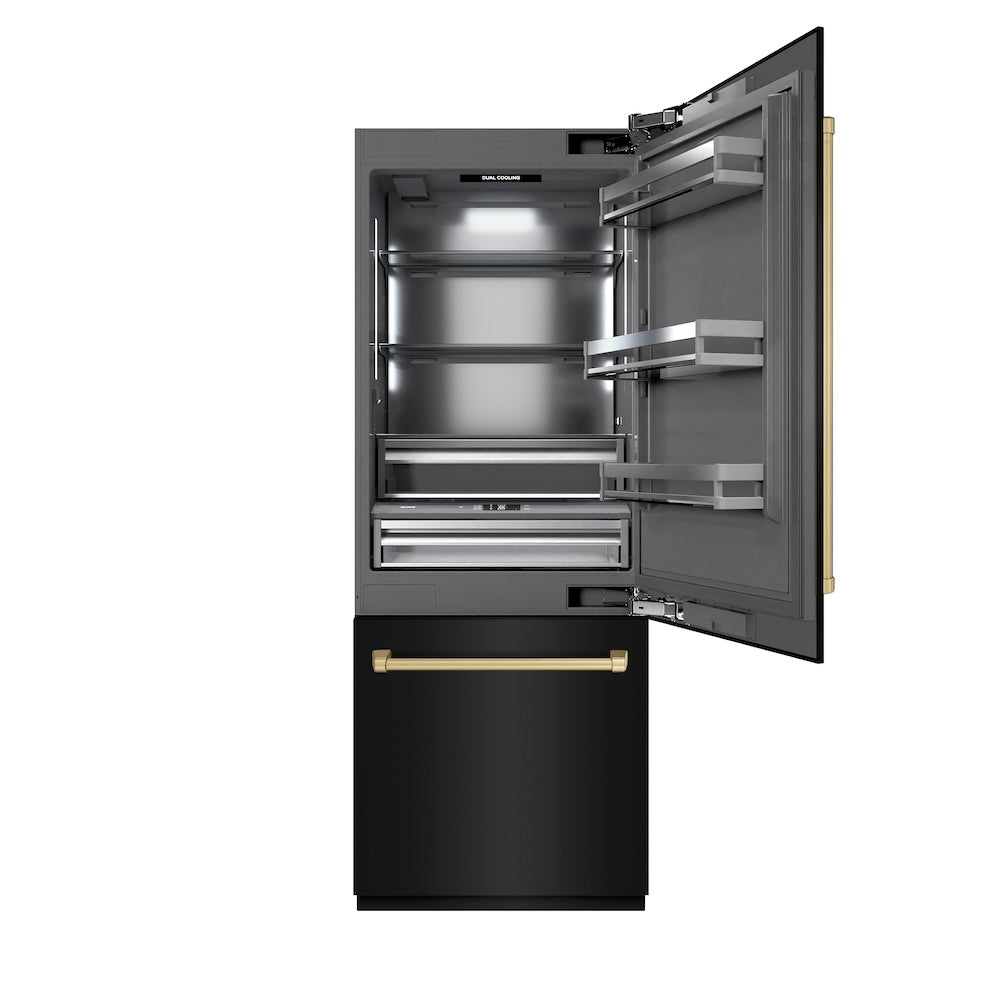 Autograph Edition 30 In. 16.1 Cu. Ft. Built-in Bottom Freezer Refrigerator With Water Dispenser And Ice Maker In Black Stainless Steel With Graphite Gray Interior And Champagne Bronze Accents GRBIVZBS30CB