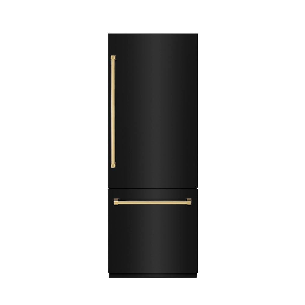 Autograph Edition 30 In. 16.1 Cu. Ft. Built-in Bottom Freezer Refrigerator With Water Dispenser And Ice Maker In Black Stainless Steel With Graphite Gray Interior And Polished Gold Accents GRBIVZBS30G