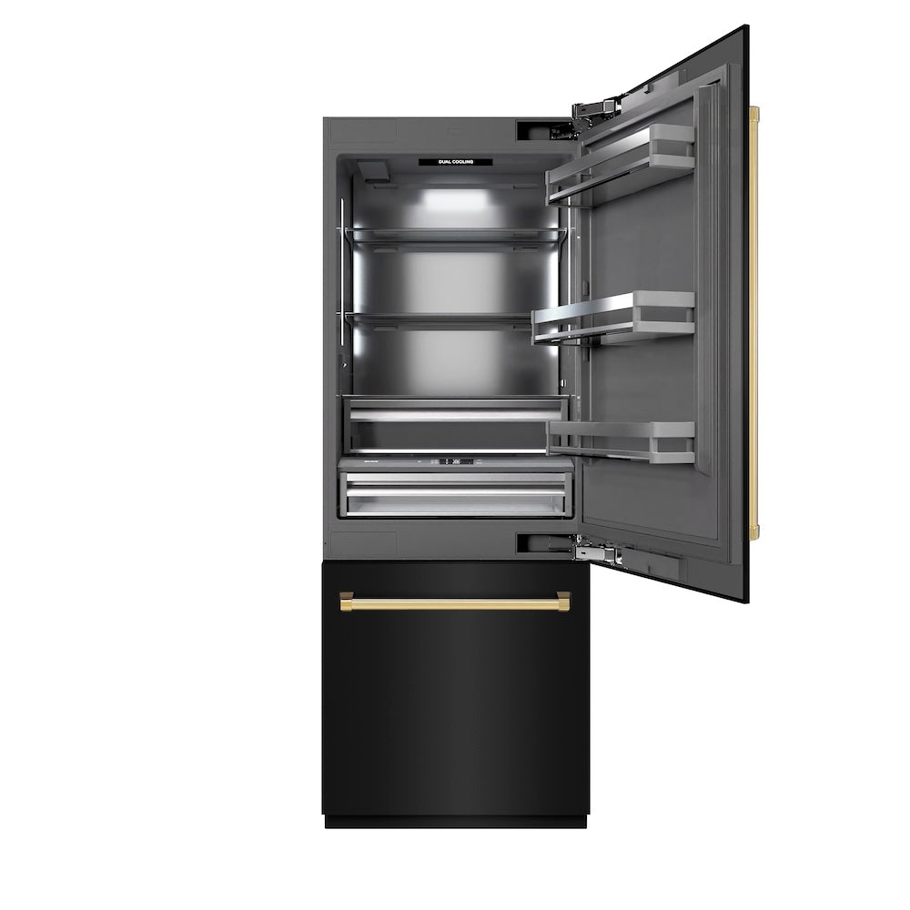 Autograph Edition 30 In. 16.1 Cu. Ft. Built-in Bottom Freezer Refrigerator With Water Dispenser And Ice Maker In Black Stainless Steel With Graphite Gray Interior And Polished Gold Accents GRBIVZBS30G
