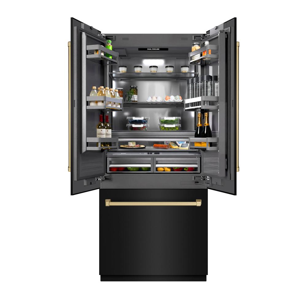 Autograph Edition 36 In. 19.6 Cu. Ft. French Door Built-in Bottom Freezer Refrigerator With Water Dispenser And Ice Maker In Black Stainless Steel With Graphite Gray Interior And Champagne Br GRBIVZBS36CB