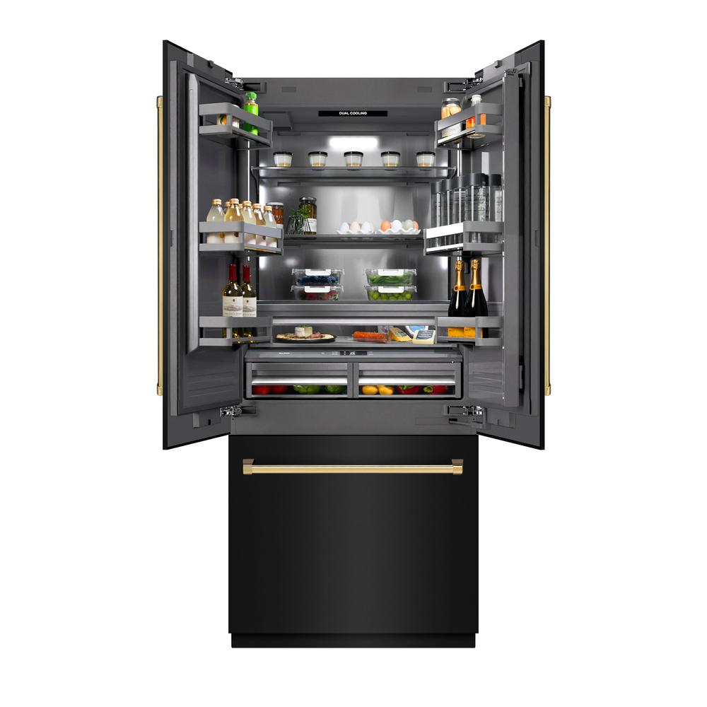 Autograph Edition 36 In. 19.6 Cu. Ft. French Door Built-in Bottom Freezer Refrigerator With Water Dispenser And Ice Maker In Black Stainless Steel With Graphite Gray Interior And Polished Gol GRBIVZBS36G