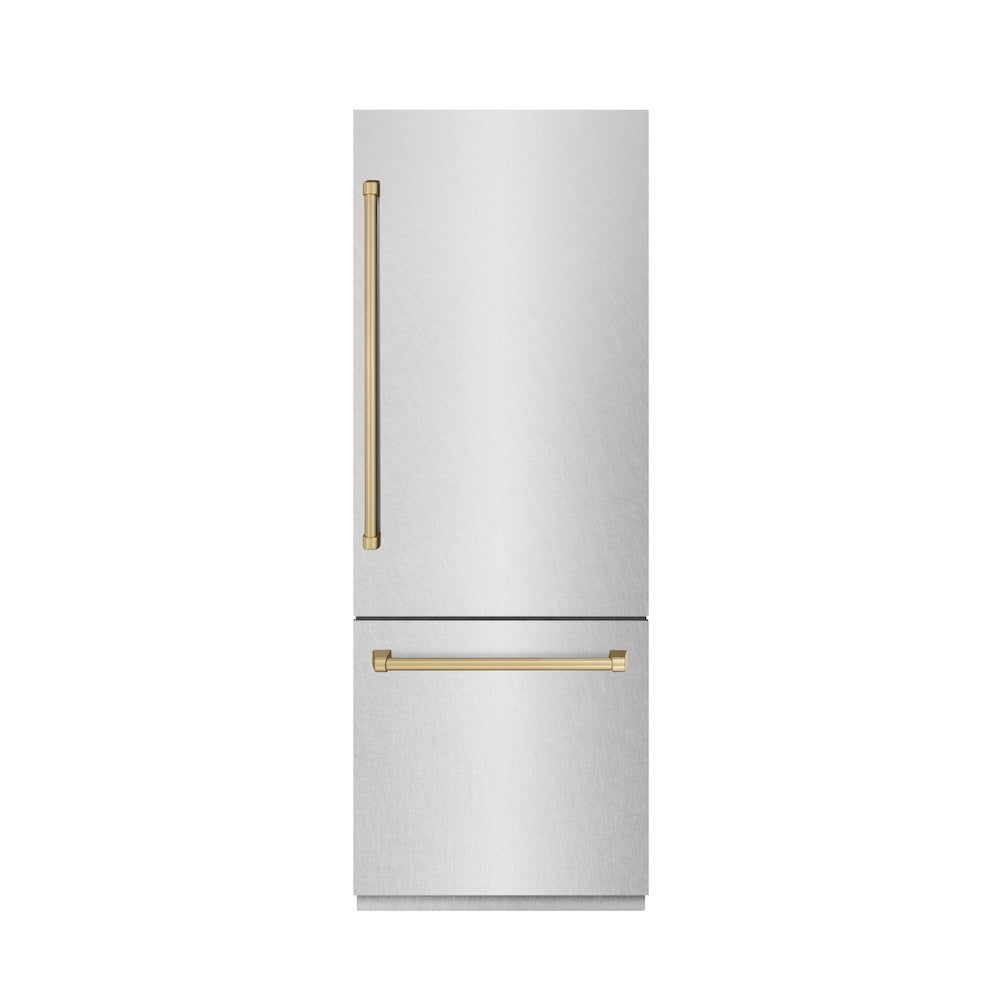 Autograph Edition 30 In. 16.1 Cu. Ft. Built-in Bottom Freezer Refrigerator With Water Dispenser And Ice Maker In Satin Stainless Steel With Graphite Gray Interior And Champagne Bronze Accents GRBIVZSN30CB