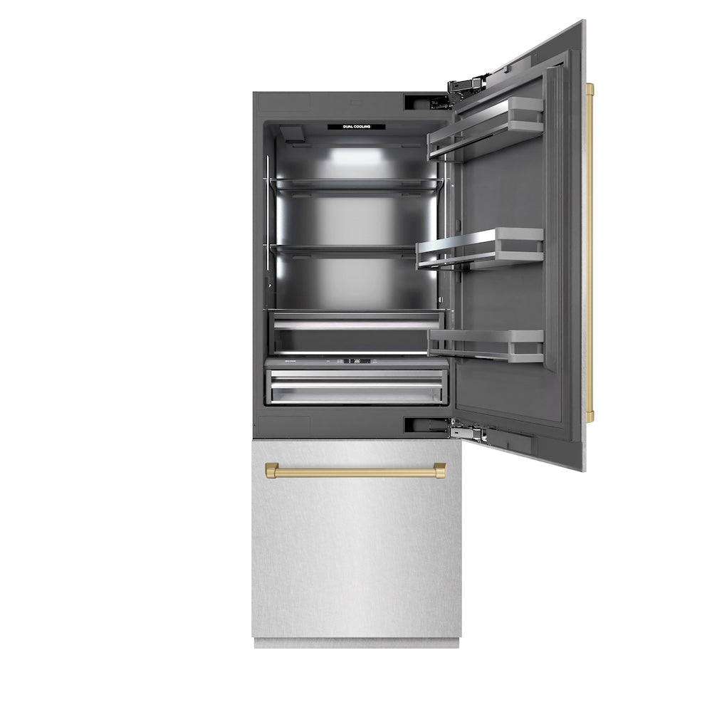 Autograph Edition 30 In. 16.1 Cu. Ft. Built-in Bottom Freezer Refrigerator With Water Dispenser And Ice Maker In Satin Stainless Steel With Graphite Gray Interior And Champagne Bronze Accents GRBIVZSN30CB