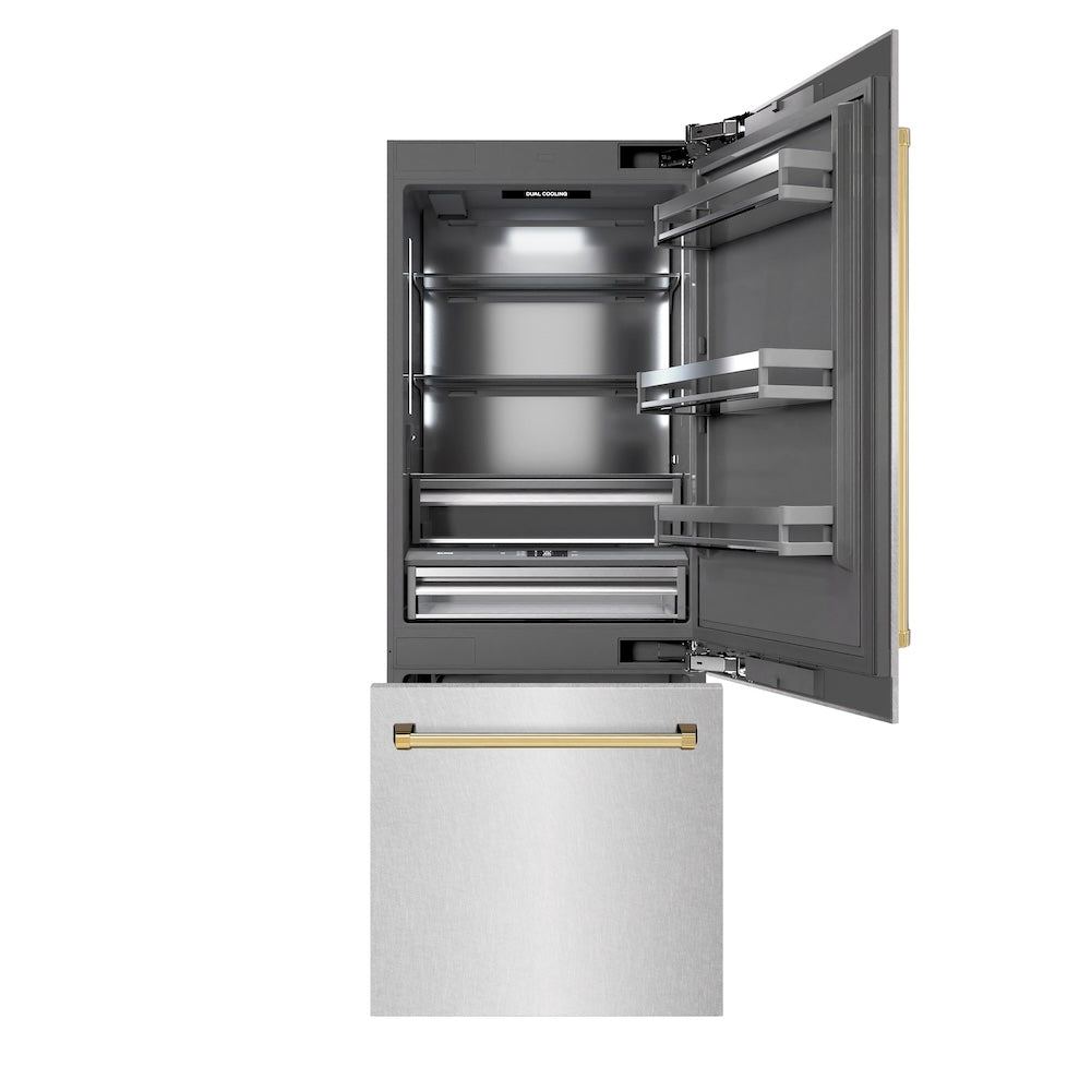 Autograph Edition 30 In. 16.1 Cu. Ft. Built-in Bottom Freezer Refrigerator With Water Dispenser And Ice Maker In Satin Stainless Steel With Graphite Gray Interior And Polished Gold Accents GR