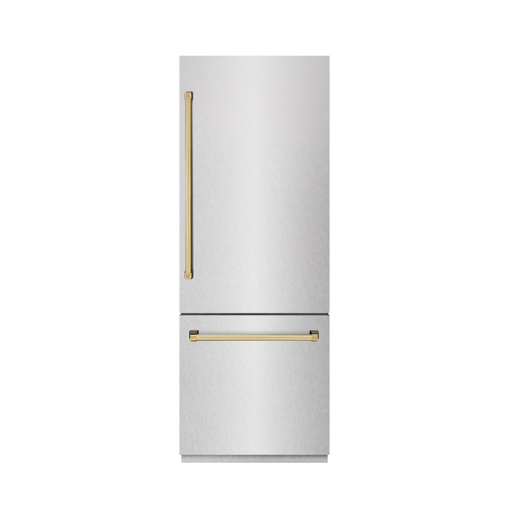 Autograph Edition 30 In. 16.1 Cu. Ft. Built-in Bottom Freezer Refrigerator With Water Dispenser And Ice Maker In Satin Stainless Steel With Graphite Gray Interior And Polished Gold Accents GRBIVZSN30G