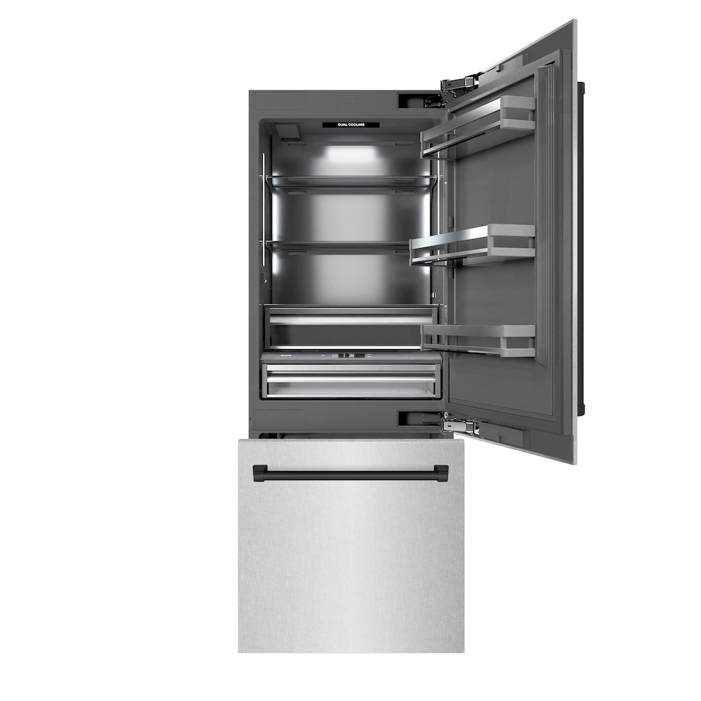ZLINE Autograph Edition 30 in. 16.1 cu. ft. Built-In Bottom Freezer Refrigerator with Water Dispenser and Ice Maker in DuraSnow® Stainless Steel with Graphite Gray Interior and Matte Black Ac