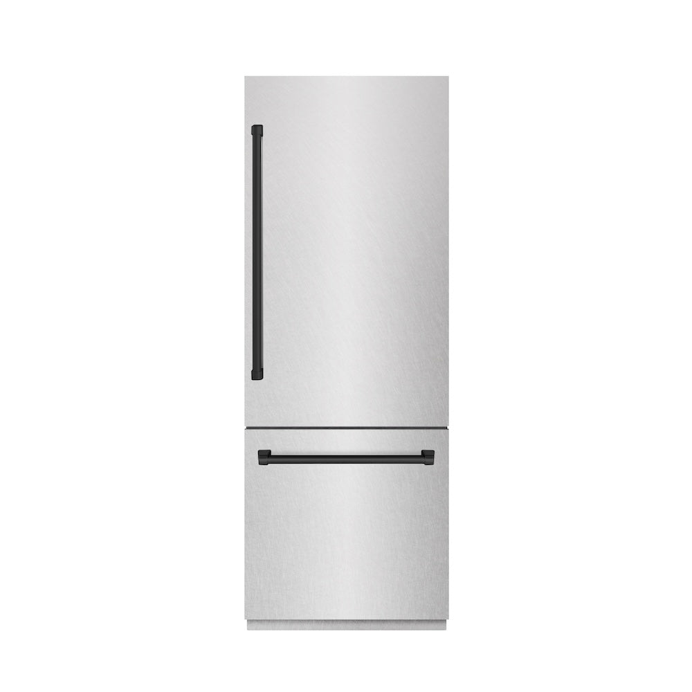 ZLINE Autograph Edition 30 in. 16.1 cu. ft. Built-In Bottom Freezer Refrigerator with Water Dispenser and Ice Maker in DuraSnow® Stainless Steel with Graphite Gray Interior and Matte Black Ac GRBIVZSN30MB