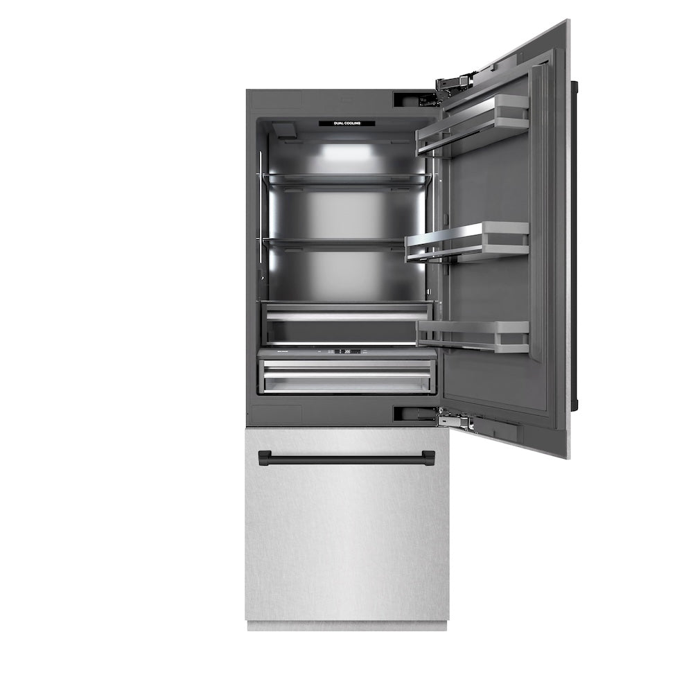 ZLINE Autograph Edition 30 in. 16.1 cu. ft. Built-In Bottom Freezer Refrigerator with Water Dispenser and Ice Maker in DuraSnow® Stainless Steel with Graphite Gray Interior and Matte Black Ac GRBIVZSN30MB