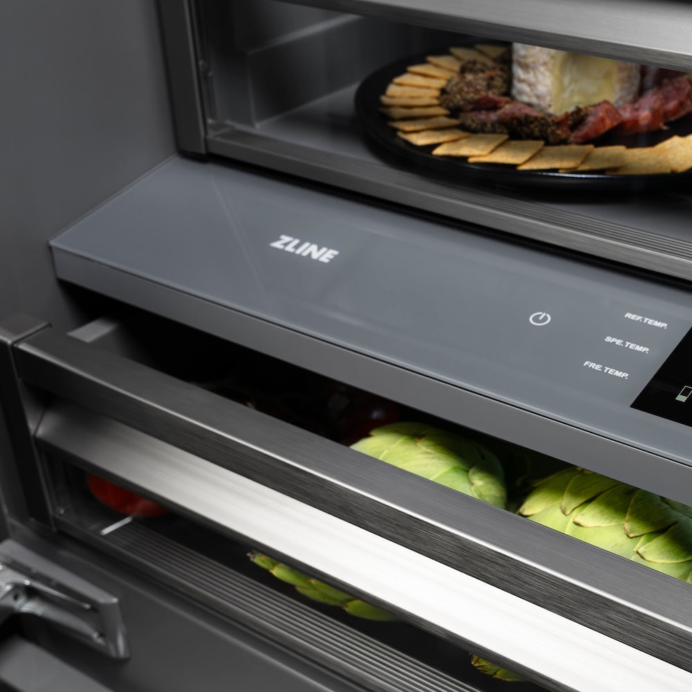 ZLINE Autograph Edition 30 in. 16.1 cu. ft. Built-In Bottom Freezer Refrigerator with Water Dispenser and Ice Maker in DuraSnow® Stainless Steel with Graphite Gray Interior and Matte Black Ac GRBIVZSN30MB