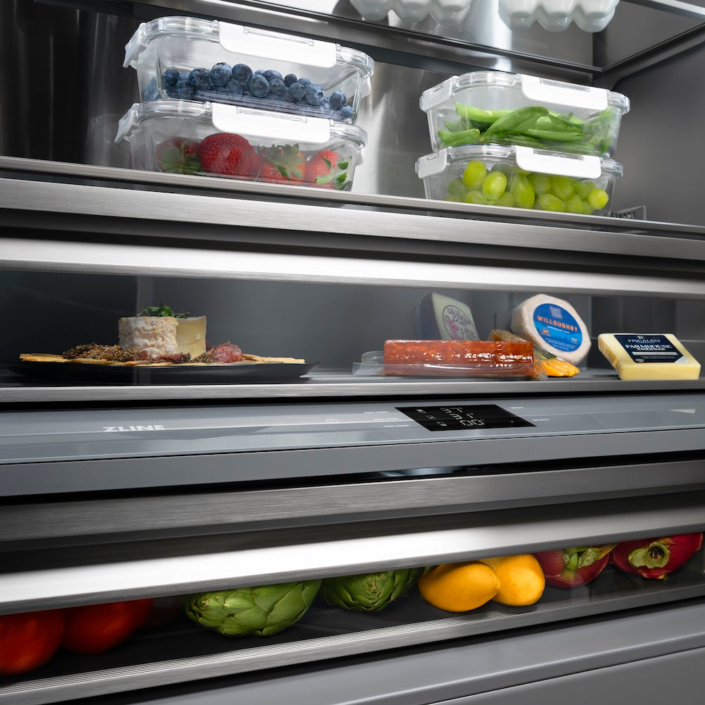ZLINE Autograph Edition 30 in. 16.1 cu. ft. Built-In Bottom Freezer Refrigerator with Water Dispenser and Ice Maker in DuraSnow® Stainless Steel with Graphite Gray Interior and Matte Black Ac GRBIVZSN30MB