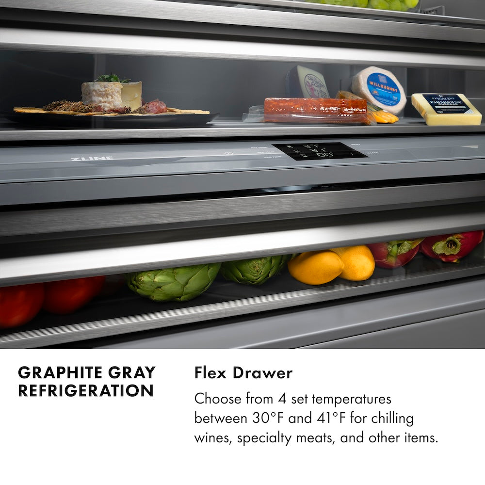ZLINE Autograph Edition 30 in. 16.1 cu. ft. Built-In Bottom Freezer Refrigerator with Water Dispenser and Ice Maker in DuraSnow® Stainless Steel with Graphite Gray Interior and Matte Black Ac GRBIVZSN30MB