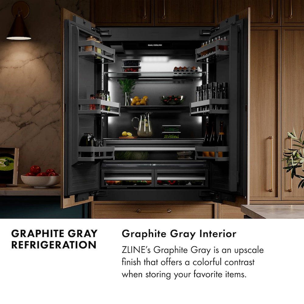 ZLINE Autograph Edition 30 in. 16.1 cu. ft. Built-In Bottom Freezer Refrigerator with Water Dispenser and Ice Maker in DuraSnow® Stainless Steel with Graphite Gray Interior and Matte Black Ac GRBIVZSN30MB