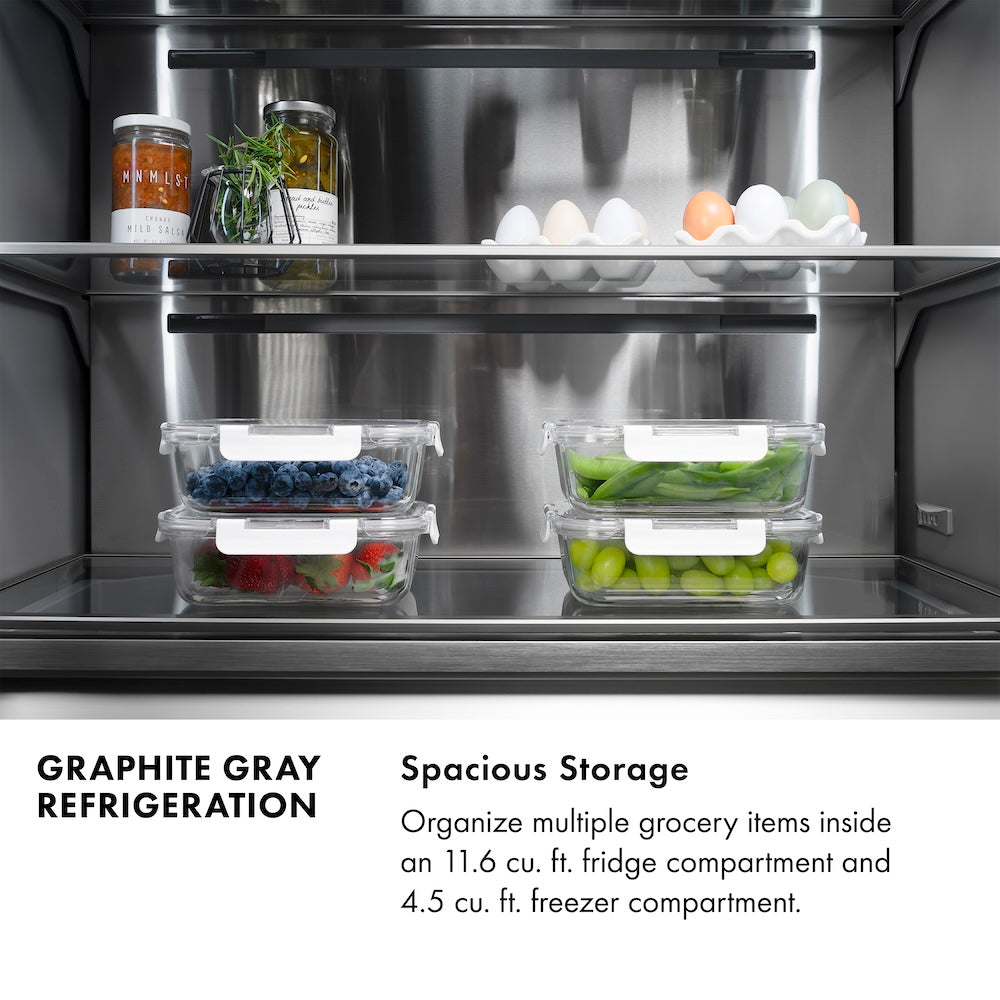 ZLINE Autograph Edition 30 in. 16.1 cu. ft. Built-In Bottom Freezer Refrigerator with Water Dispenser and Ice Maker in DuraSnow® Stainless Steel with Graphite Gray Interior and Matte Black Ac GRBIVZSN30MB