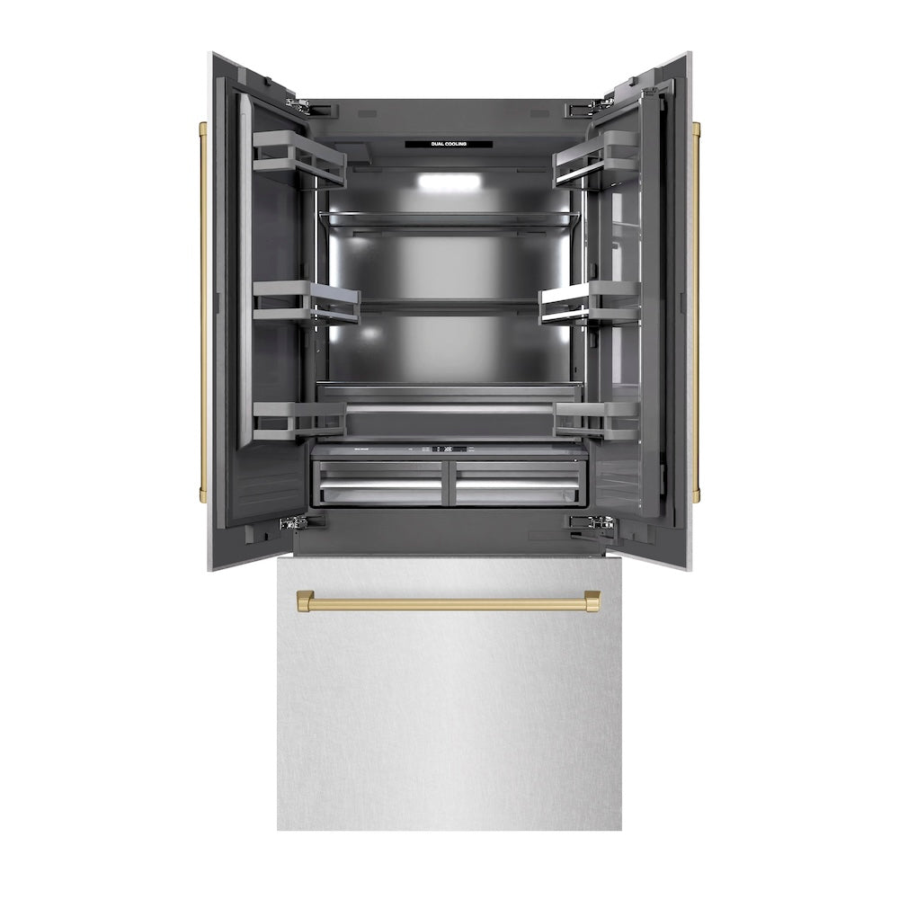 Autograph Edition 36 In. 19.6 Cu. Ft. French Door Built-in Bottom Freezer Refrigerator With Water Dispenser And Ice Maker In Satin Stainless Steel With Graphite Gray Interior And Champagne Br