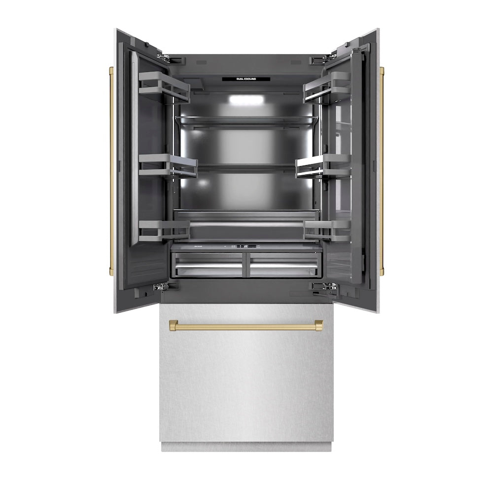 Autograph Edition 36 In. 19.6 Cu. Ft. French Door Built-in Bottom Freezer Refrigerator With Water Dispenser And Ice Maker In Satin Stainless Steel With Graphite Gray Interior And Champagne Br GRBIVZSN36CB