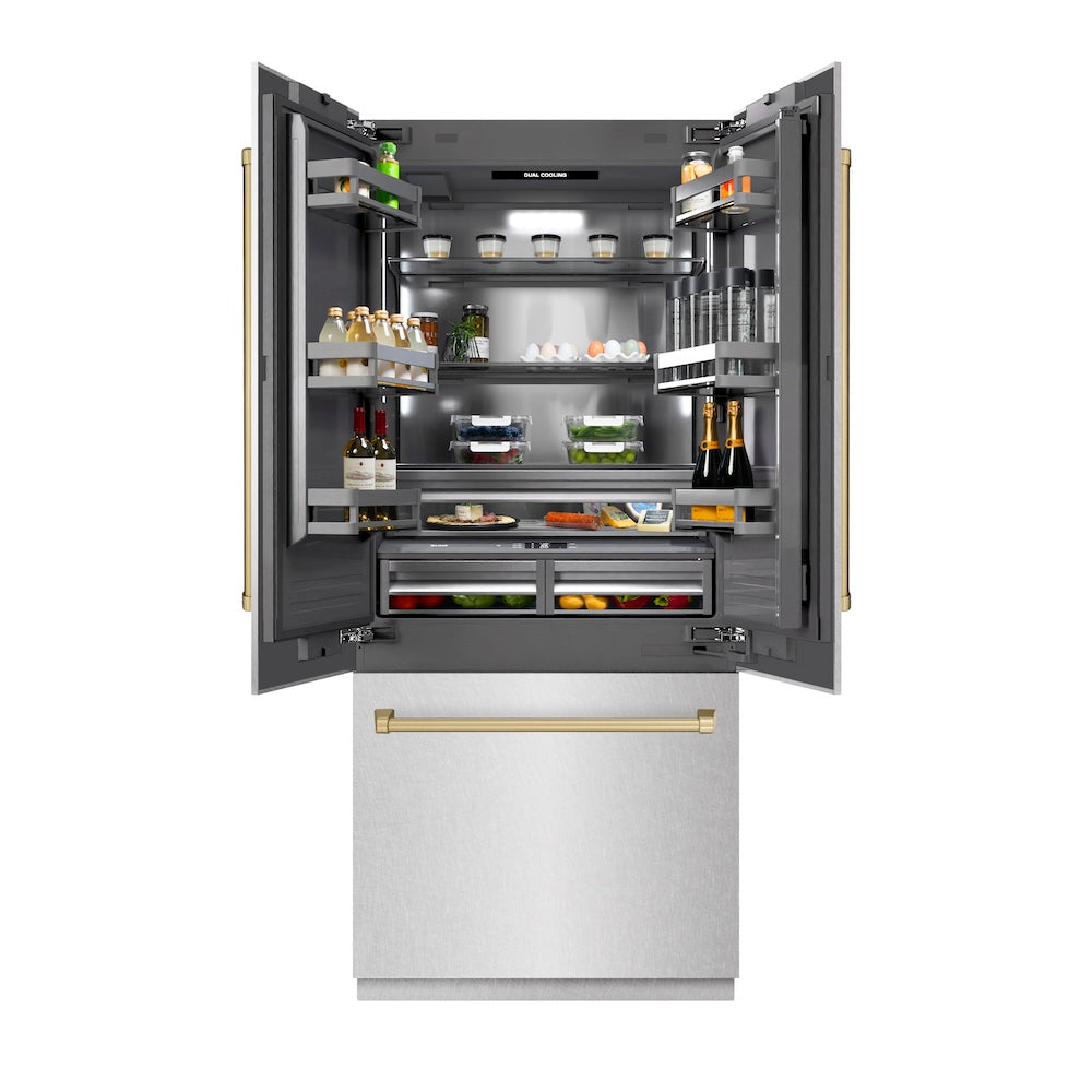 Autograph Edition 36 In. 19.6 Cu. Ft. French Door Built-in Bottom Freezer Refrigerator With Water Dispenser And Ice Maker In Satin Stainless Steel With Graphite Gray Interior And Champagne Br GRBIVZSN36CB
