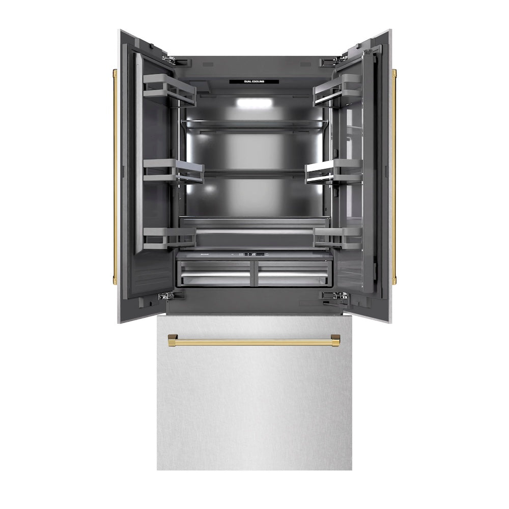 Autograph Edition 36 In. 19.6 Cu. Ft. French Door Built-in Bottom Freezer Refrigerator With Water Dispenser And Ice Maker In Satin Stainless Steel With Graphite Gray Interior And Polished Gol