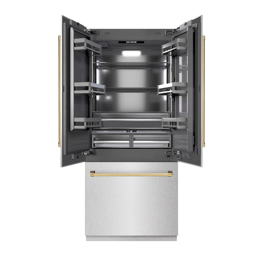 Autograph Edition 36 In. 19.6 Cu. Ft. French Door Built-in Bottom Freezer Refrigerator With Water Dispenser And Ice Maker In Satin Stainless Steel With Graphite Gray Interior And Polished Gol GRBIVZSN36G
