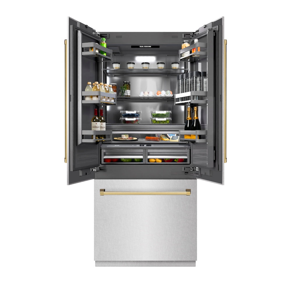 Autograph Edition 36 In. 19.6 Cu. Ft. French Door Built-in Bottom Freezer Refrigerator With Water Dispenser And Ice Maker In Satin Stainless Steel With Graphite Gray Interior And Polished Gol GRBIVZSN36G