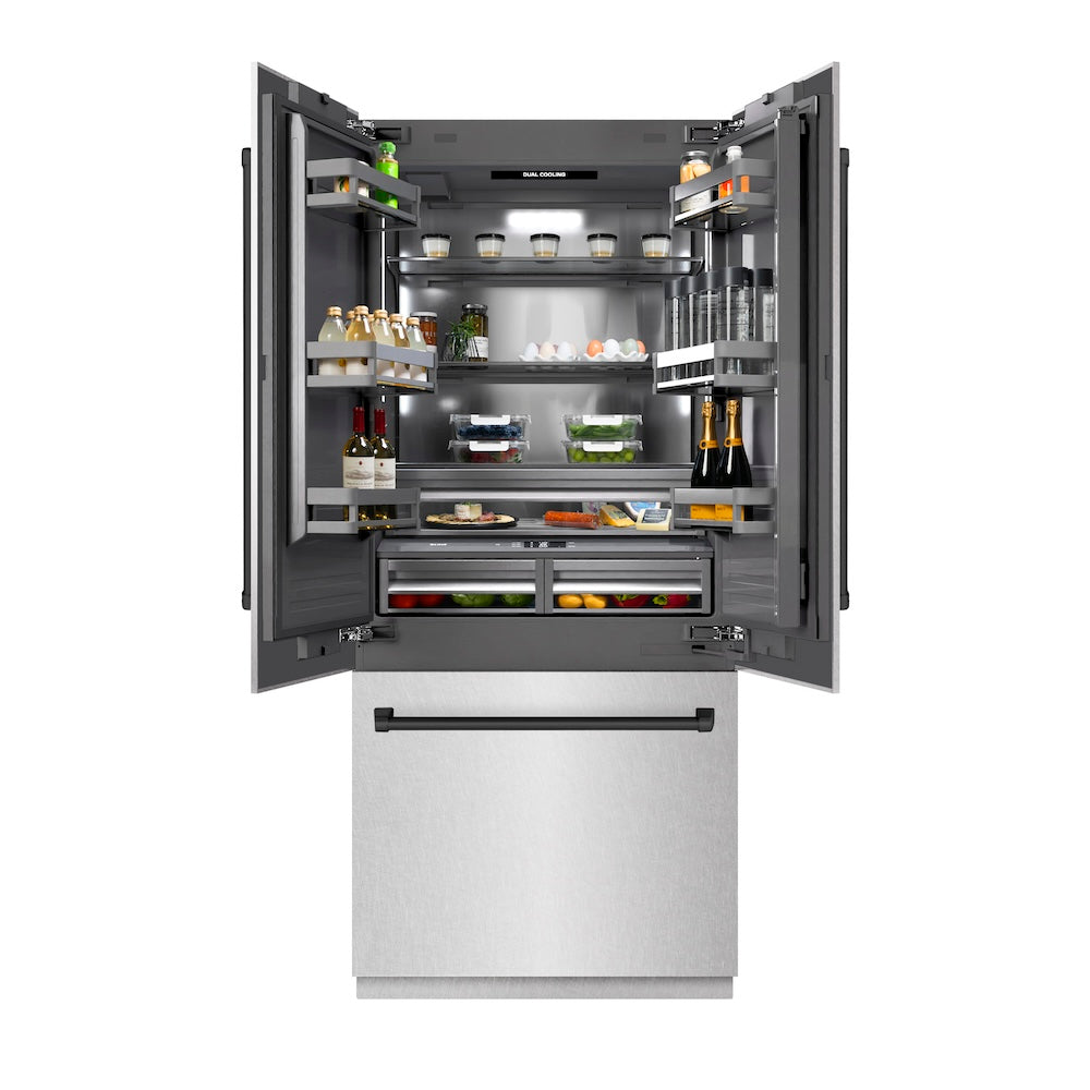 Autograph Edition 36 In. 19.6 Cu. Ft. French Door Built-in Bottom Freezer Refrigerator With Water Dispenser And Ice Maker In Satin Stainless Steel With Graphite Gray Interior And Matte Black  GRBIVZSN36MB