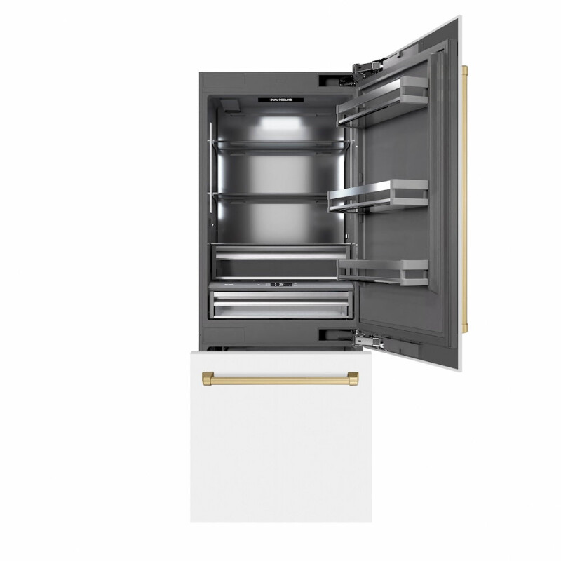 Autograph Edition 30 In. 16.1 Cu. Ft. Built-in Bottom Freezer Refrigerator With Water Dispenser And Ice Maker In White Matte With Graphite Gray Interior And Champagne Bronze Accents GRBIVZWM3