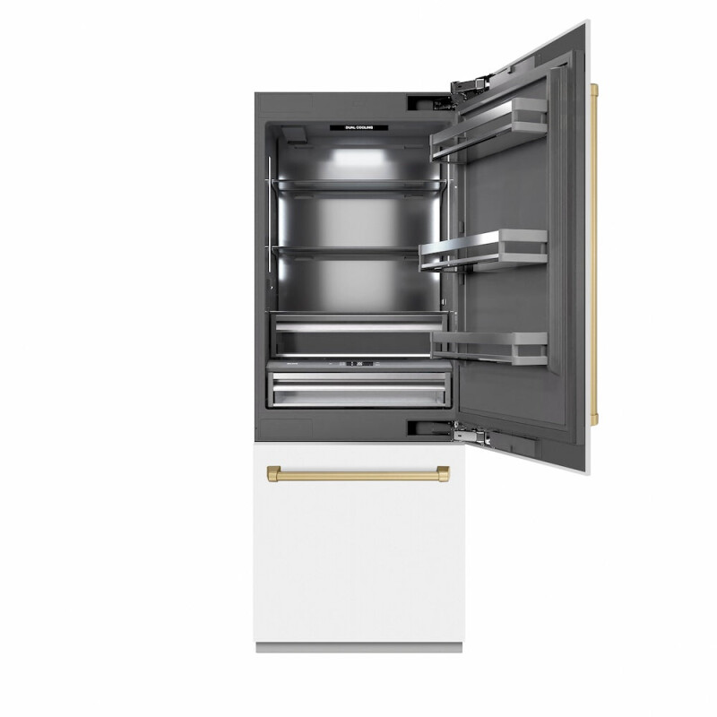 Autograph Edition 30 In. 16.1 Cu. Ft. Built-in Bottom Freezer Refrigerator With Water Dispenser And Ice Maker In White Matte With Graphite Gray Interior And Champagne Bronze Accents GRBIVZWM30CB