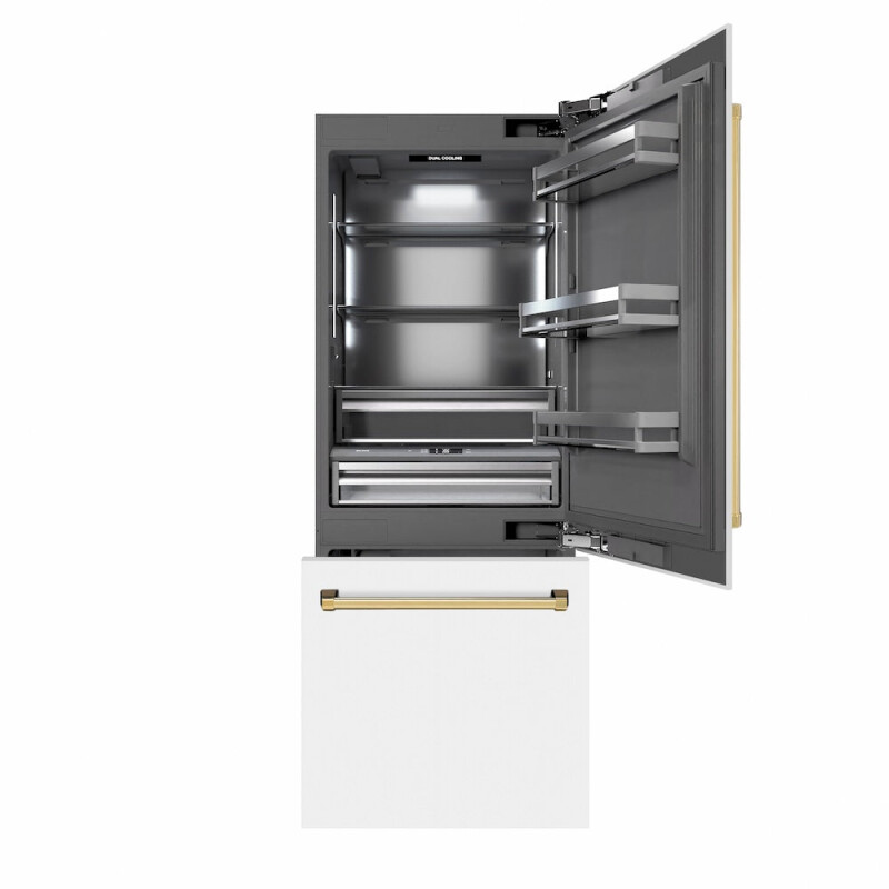 Autograph Edition 30 In. 16.1 Cu. Ft. Built-in Bottom Freezer Refrigerator With Water Dispenser And Ice Maker In White Matte With Graphite Gray Interior And Polished Gold Accents GRBIVZWM30G