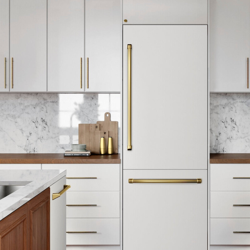 Autograph Edition 30 In. 16.1 Cu. Ft. Built-in Bottom Freezer Refrigerator With Water Dispenser And Ice Maker In White Matte With Graphite Gray Interior And Polished Gold Accents GRBIVZWM30G