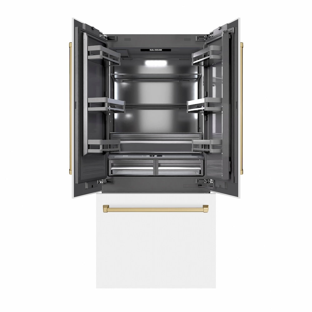 Autograph Edition 36 In. 19.6 Cu. Ft. French Door Built-in Bottom Freezer Refrigerator With Water Dispenser And Ice Maker In White Matte With Graphite Gray Interior And Champagne Bronze Accen