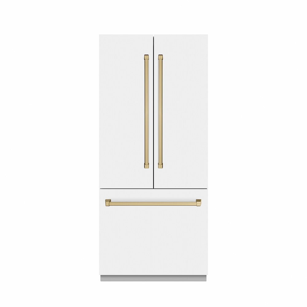 Autograph Edition 36 In. 19.6 Cu. Ft. French Door Built-in Bottom Freezer Refrigerator With Water Dispenser And Ice Maker In White Matte With Graphite Gray Interior And Champagne Bronze Accen GRBIVZWM36CB