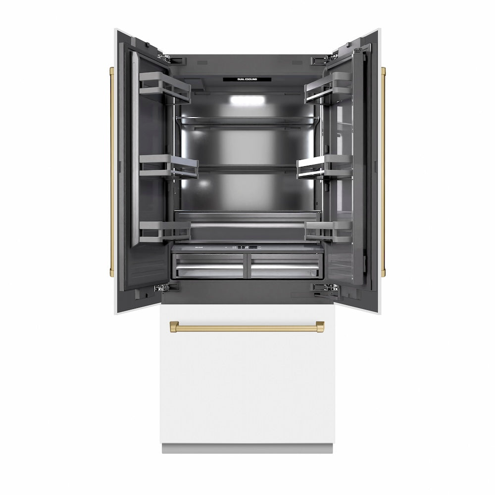 Autograph Edition 36 In. 19.6 Cu. Ft. French Door Built-in Bottom Freezer Refrigerator With Water Dispenser And Ice Maker In White Matte With Graphite Gray Interior And Champagne Bronze Accen GRBIVZWM36CB