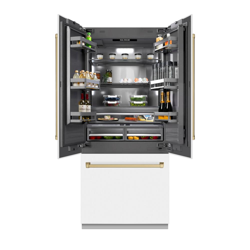 Autograph Edition 36 In. 19.6 Cu. Ft. French Door Built-in Bottom Freezer Refrigerator With Water Dispenser And Ice Maker In White Matte With Graphite Gray Interior And Champagne Bronze Accen GRBIVZWM36CB