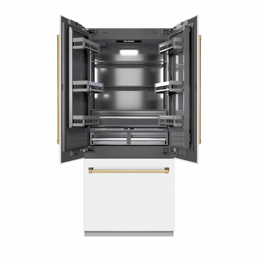 Autograph Edition 36 In. 19.6 Cu. Ft. French Door Built-in Bottom Freezer Refrigerator With Water Dispenser And Ice Maker In White Matte With Graphite Gray Interior And Polished Gold Accents 