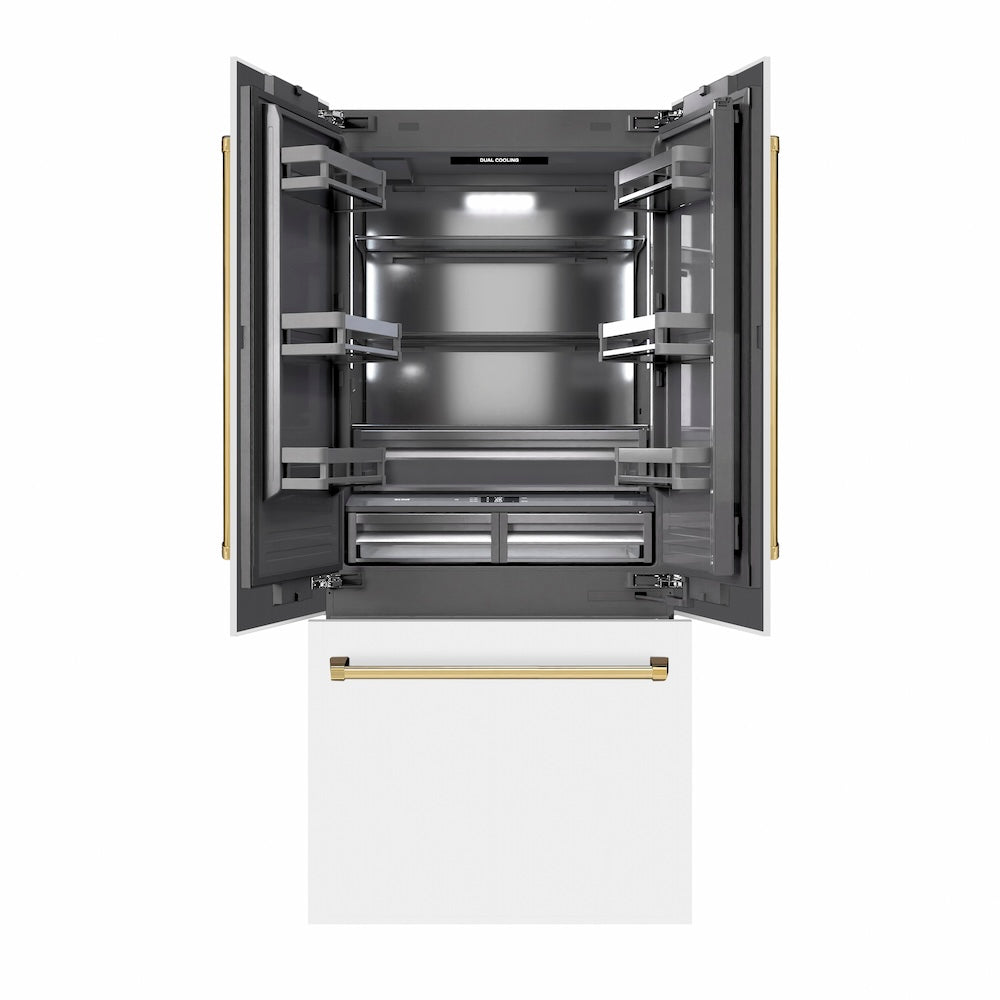 Autograph Edition 36 In. 19.6 Cu. Ft. French Door Built-in Bottom Freezer Refrigerator With Water Dispenser And Ice Maker In White Matte With Graphite Gray Interior And Polished Gold Accents GRBIVZWM36G