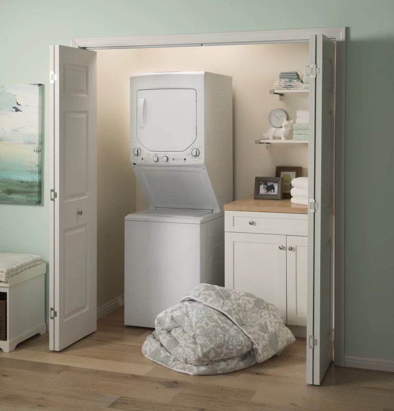 Unitized Spacemaker 2.3 cu. ft. Capacity Washer with Stainless Steel Basket and 4.4 cu. ft. Capacity Gas Dryer GUD24GSSMWW