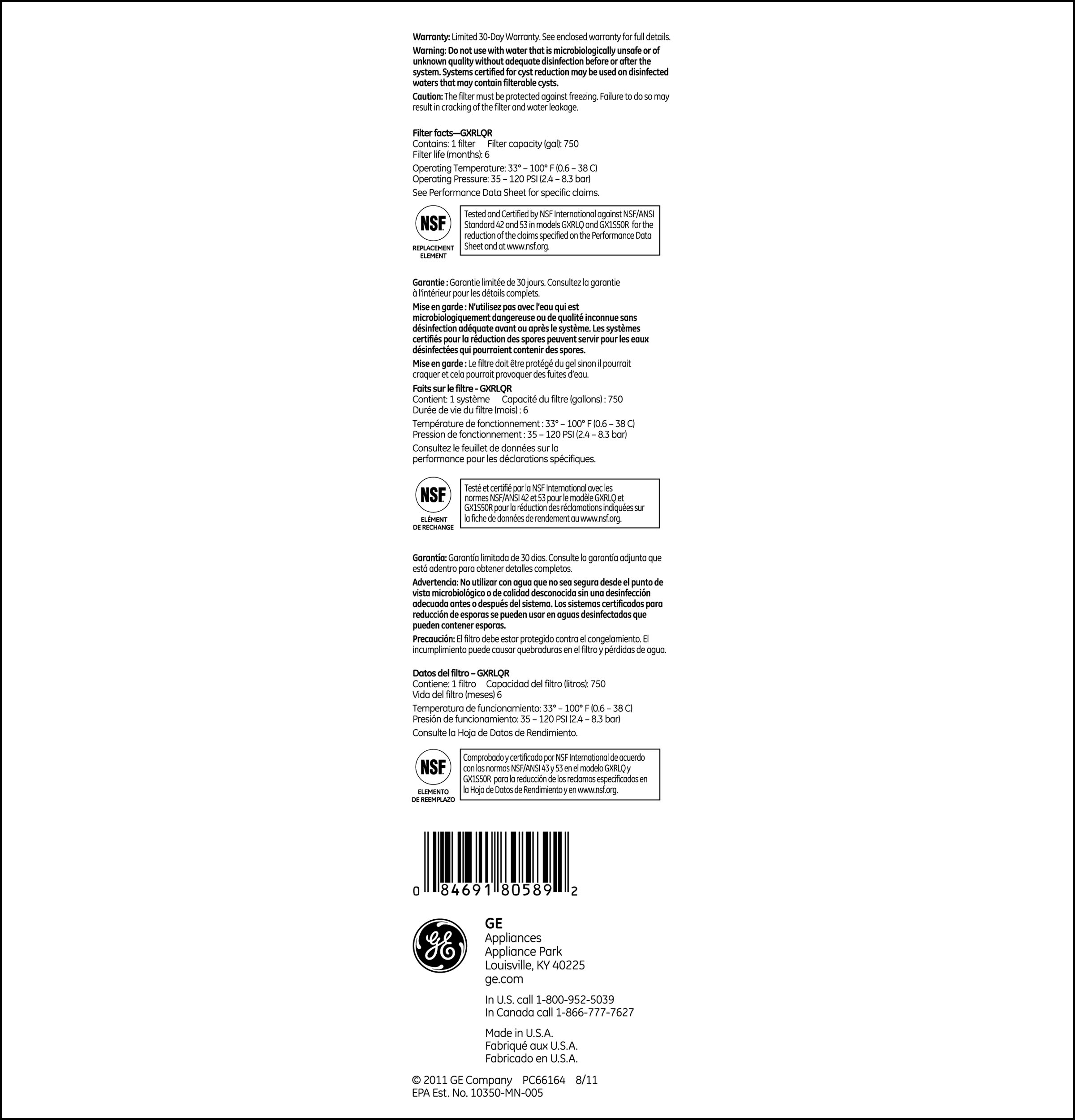 Replacement Water Filter, for Single Stage or In-Line Systems GXRLQR