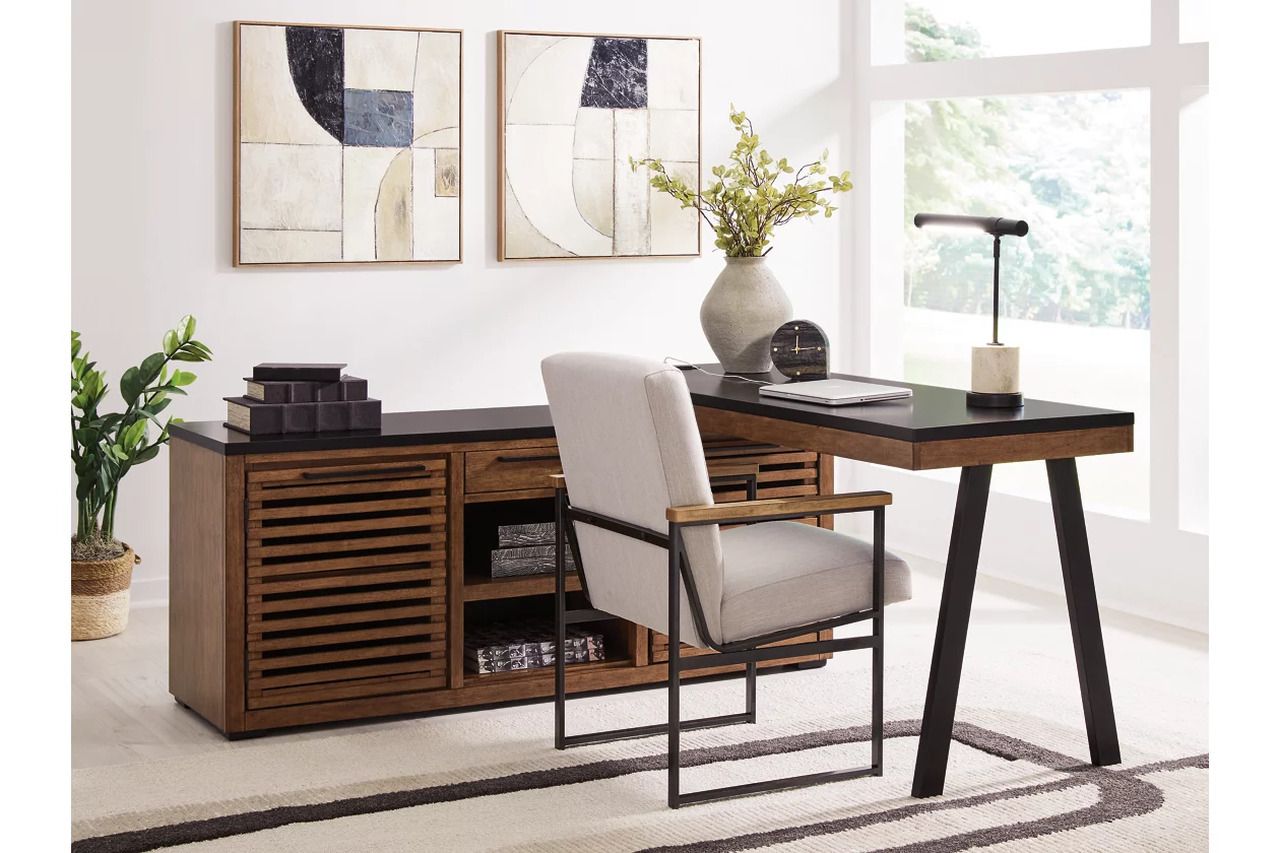 Kallari Credenza with Desk Return In Warm Brown and Black H737H1