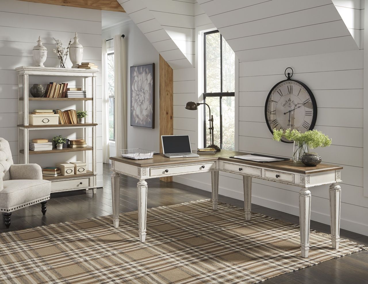 Realyn White and Brown Home Office L Desk H743H1