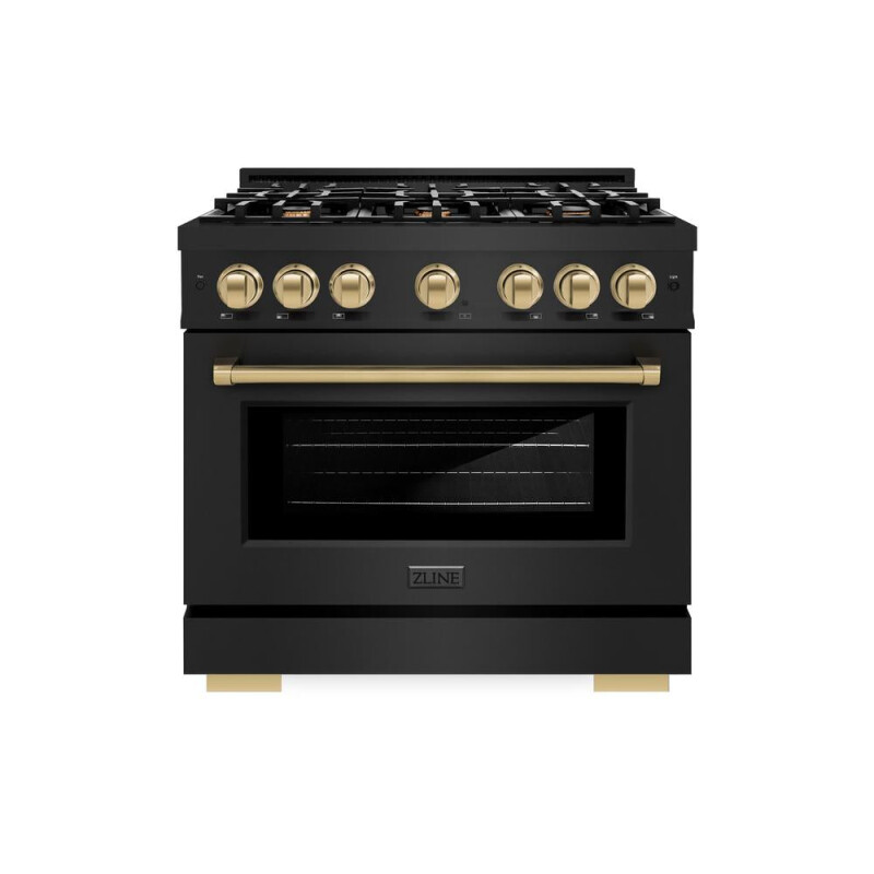 ZLINE Autograph Edition 36 in. 5.2 cu. ft. Select Dual Fuel Range with 6 Burner Gas Cooktop and Electric Convection Oven in Black Stainless Steel with Champagne Bronze Accents (HDRBZ-36-CB) HDRBZ36CB