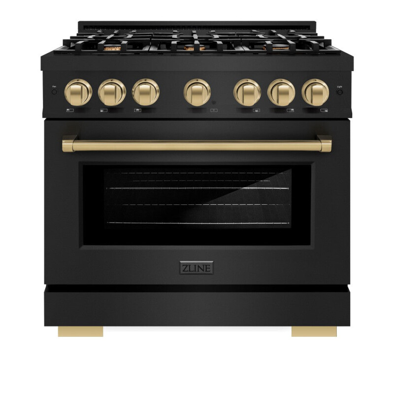 ZLINE Autograph Edition 36 in. 5.2 cu. ft. Select Dual Fuel Range with 6 Burner Gas Cooktop and Electric Convection Oven in Black Stainless Steel with Champagne Bronze Accents (HDRBZ-36-CB) HDRBZ36CB