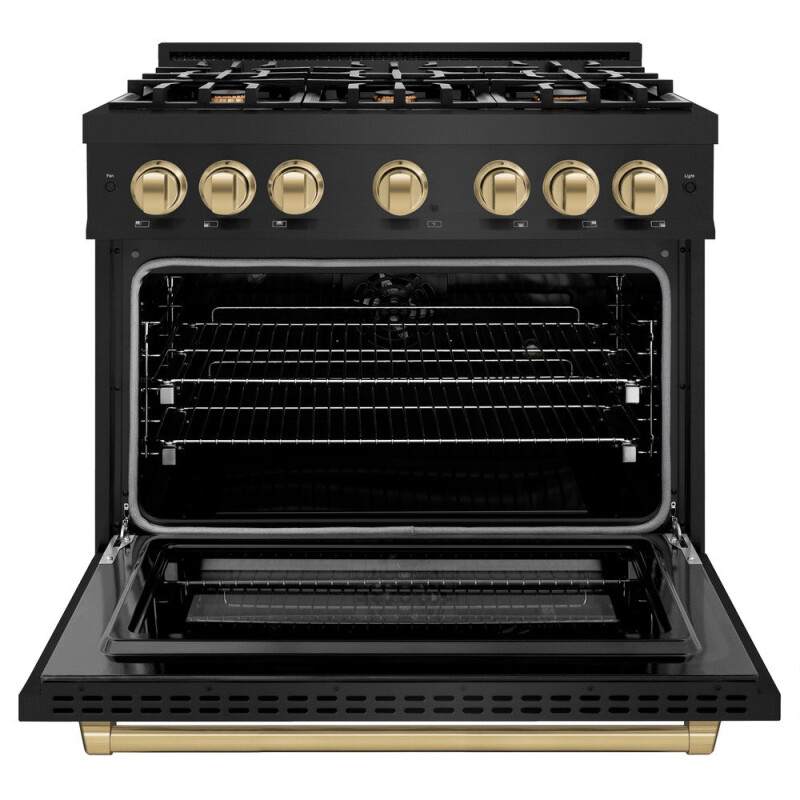 ZLINE Autograph Edition 36 in. 5.2 cu. ft. Select Dual Fuel Range with 6 Burner Gas Cooktop and Electric Convection Oven in Black Stainless Steel with Champagne Bronze Accents (HDRBZ-36-CB) HDRBZ36CB