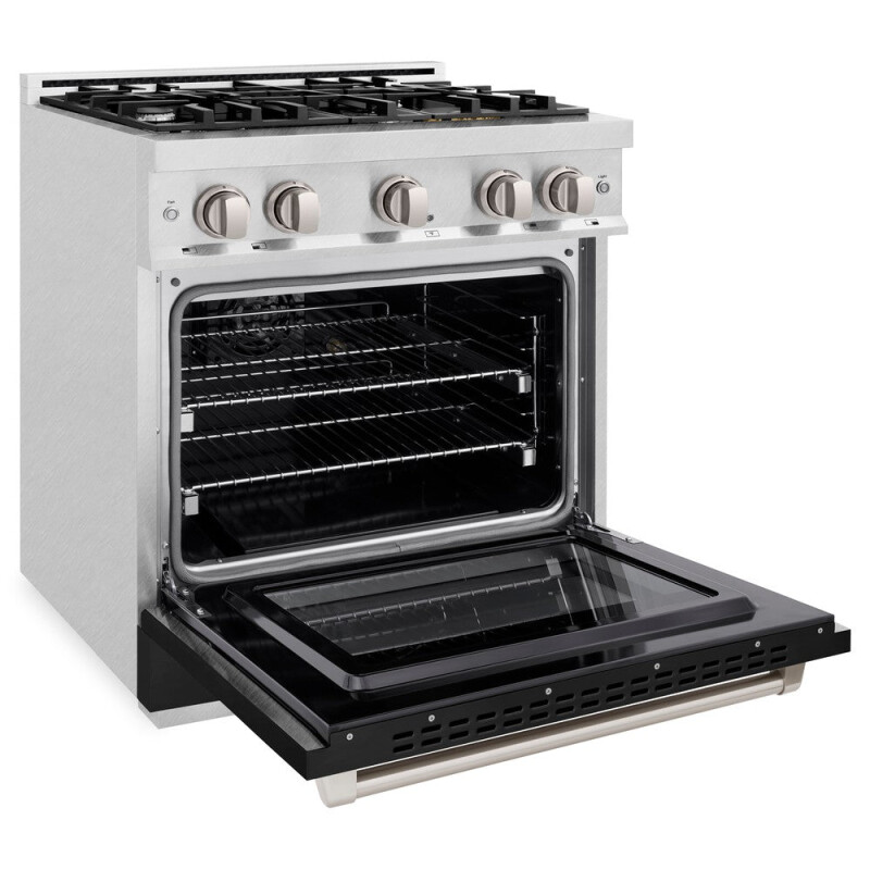 ZLINE 30 in. 4.2 cu. ft. Select Dual Fuel Range with 4 Burner Gas Cooktop and Electric Convection Oven in DuraSnow® Stainless Steel with Black Matte Door (HDRS-BLM-30) HDRSBLM30, product image 4 of 11